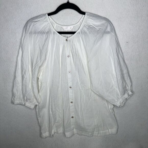 Lauren Conrad LC White Button up Puff Sleeve Top Round Neck Size XS Classic - Picture 3 of 8